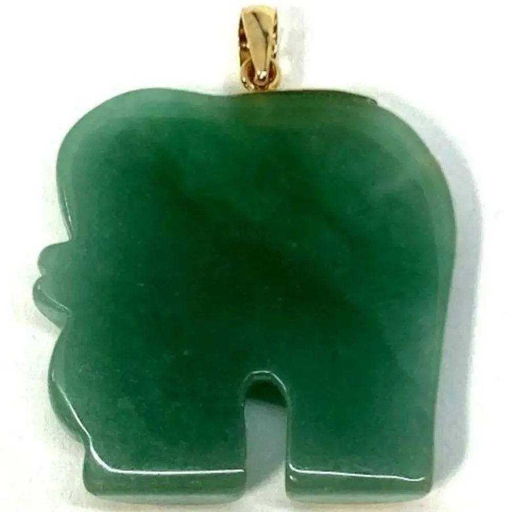 Stamped 14K Yellow Gold Carved Nephrite Jade Elephant Pendant - Picture 3 of 9